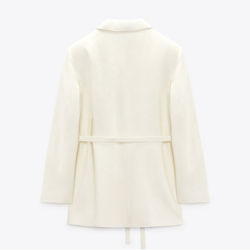 Zara Ecru Linen Blend Belted One Button Blazer - Picture 4 of 16